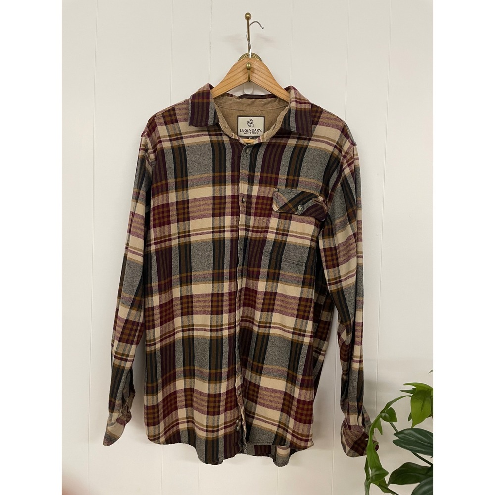 Legendary Whitetails Mens Large Tall Plaid Flannel Shirt Burgundy Tan Corduroy